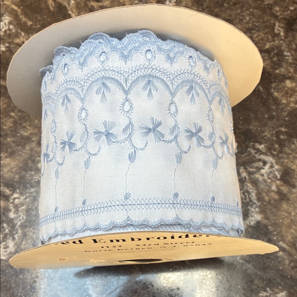 Zinc White Embroidery trim 5” wide pale gray blue & white